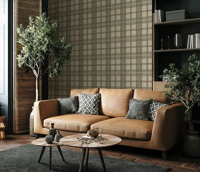 NextWall Harry & Grace Herringbone Plaid Premium Matte Non-Woven Peel and Stick Wallpaper (Clay & Sage)