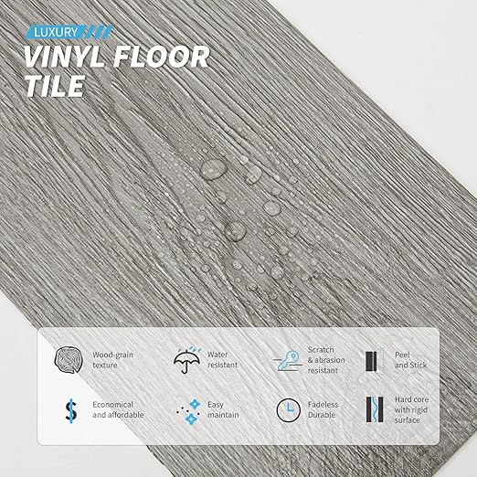 Art3d Peel and Stick Floor Tile Vinyl Wood Plank 12-Pack 18 Sq.Ft, Deep Gray, Rigid Surface Hard Core Easy DIY Self-Adhesive Flooring
