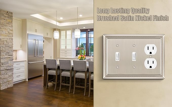 Henne Bery Sunken Pearls Heavy Duty Decorative Wall Plate Switch Plate Outlet Cover (Double Toggle/Single Duplex, Satin Nickel)