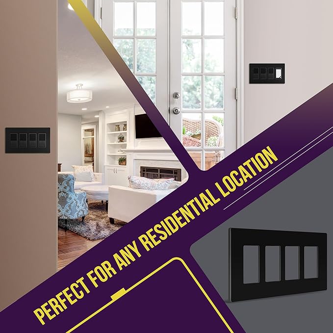 ENERLITES Screwless Decorator Wall Plates Child Safe Outlet Covers, Gloss Finish, Medium Size 4-Gang 4.88" H x 8.58” L, Unbreakable Polycarbonate Thermoplastic, SI8834M-BK, Black