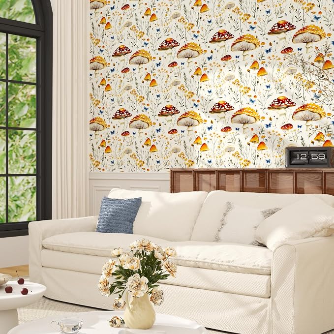 BOKEBEVE Mushoroom Wallpaper Peel n Stick Boho Beige Yellow 17.5 x 393.5In | Extra Long Removable Renter Friendly Vintage Floral Wall Paper for Bedroom Bathroom Cabinet Drawer Feature Accent Wall