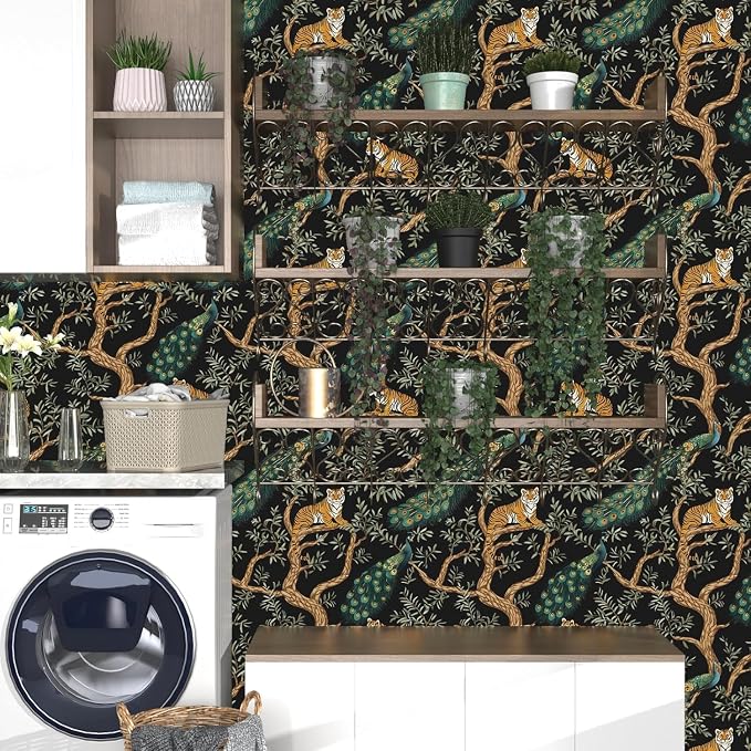 Black Vintage Peacock Tiger Peel and Stick Wallpaper 17.5" x 393" | Waterproof Vinyl Self Adhesive Removable Renter Friendly Floral Contact Paper