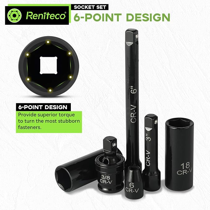 Reniteco 95-Piece 3/8" Drive Socket Set, SAE 5/16"-3/4" & Metric 8-22mm | Ratchet Handle, Extension Bar, Adapters, Universal Joint, Drill Adapter, Screwdriver Bits, Spark Plug Sockets