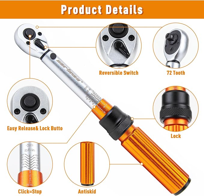 CARTMAN 1/4-Inch Drive Click Torque Wrench, Dual Range Bike Repair Tool Set | Dual range click torque wrench with quick release, reversible ratchet, calibrated accuracy for MTB, e-bike, and moto fix use.