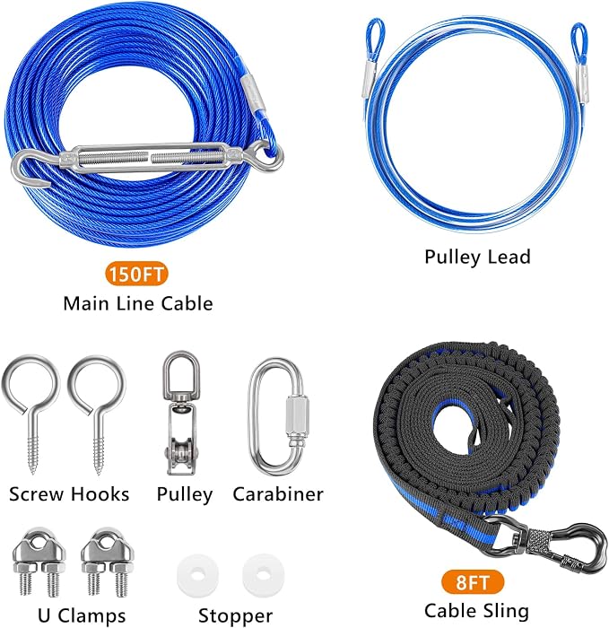 XiaZ Dog Tie Out Cable, 150ft Trolley Runner Cable for Dogs up to 250lbs, Dog Lead for Yard, Camping, Outdoor, with 8 Ft Nylon Bungee Runner, Cable Sling to Protect Trees,Blue
