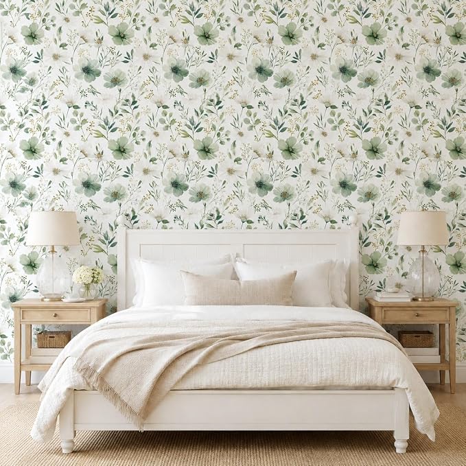 Sage Green Floral Peel and Stick Wallpaper 17.7" x 118" | Thick removable watercolor natural flower design for renters and bedroom accent walls