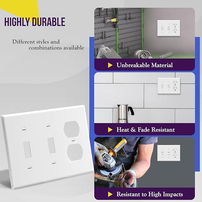 ENERLITES Combination Triple Gang Wall Plate, Double Toggle Switch/Single Duplex Receptacle Cover Plate, Standard Size 3-Gang 4.5" x 6.38", Polycarbonate Thermoplastic, 881221-W, White