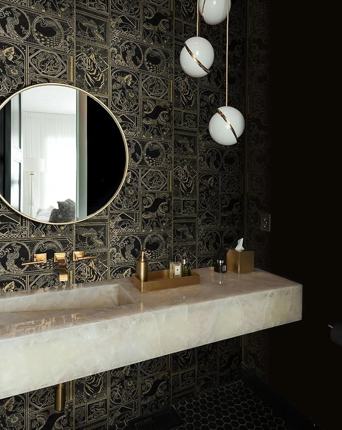 Erfoni 118"x17.7" Black and Gold Wallpaper Vintage Peel and Stick Wallpaper Special Animals Pattern Contact Paper Stick and Peel Self Adhesive Removable Wall Paper for Countertop Cabinets Covering