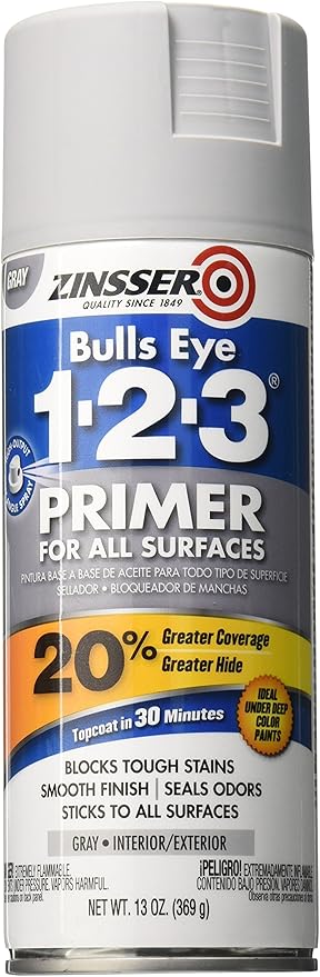 Zinsser 290971 Bulls Eye 1-2-3 All Surface Spray Primer, 13 oz, Gray