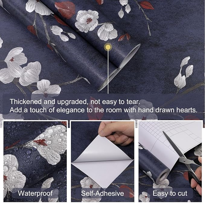 Floral Peel and Stick Wallpaper Flower Tree Contact Paper A Set of 17.5"x1200" Self Adhesive Removable Modern Dark Blue Wall Paper Decorative Wall Covering Countertop Vinyl Film Roll