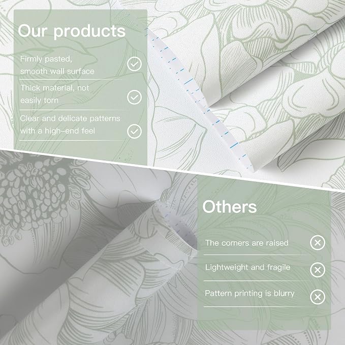 78.7"x17.3" Peel and Stick Wallpaper Green Floral Wallpaper White Boho Modern Contact Paper Removable Self Adhesive Flower Wall Paper for Kitchen Bathroom Bedroom Cabinets Thicken Vinyl Roll