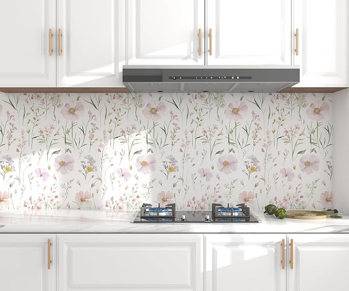 Floral Peel and Stick Wallpaper Boho Contact Paper 17.3"×78.8" | Self Adhesive Removable Wallpaper Pink Floral White Wildflowers Wall Paper for Bedroom Bathroom Art Deco Wallpapers Vinyl