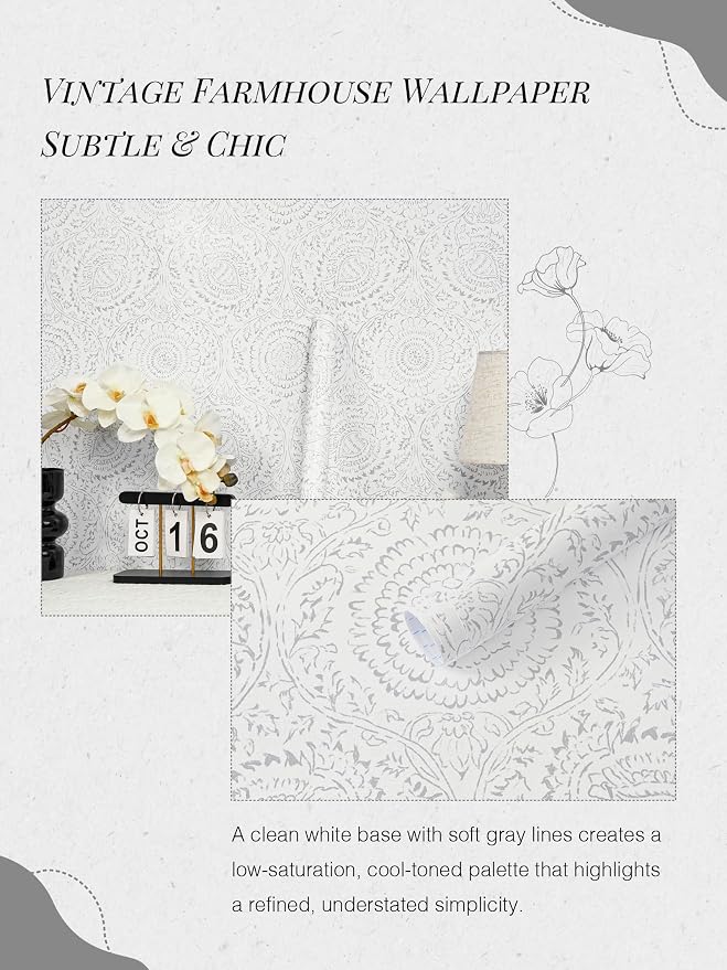 Heroad Peel and Stick Wallpaper Modern Floral Wall Paper Boho Grey Contact Paper Removable Self Adhesive Waterproof Wallpaper for Bedroom Bathroom Walls and Kitchen Cabinet Vinyl 17.3”x385”