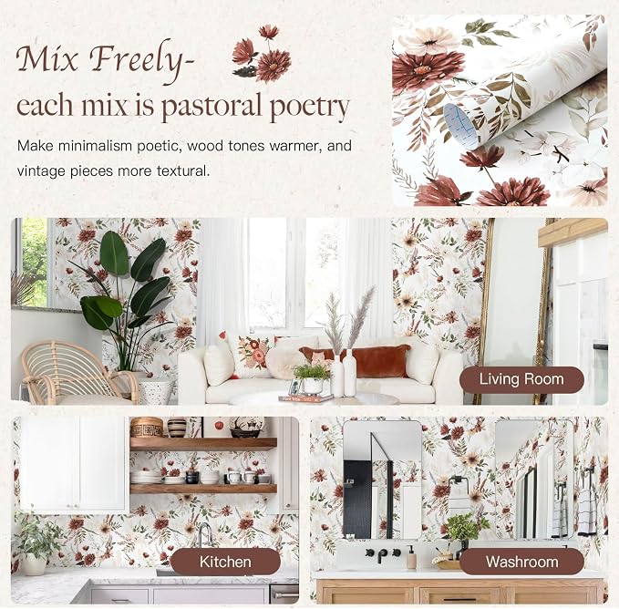 Dimoon 17.3''x393'' Floral Peel and Stick Wallpaper Vintage Beige Antique Contact Paper Bathroom Village Country Cottage Wallpaper Farmhouse Renter Friendly Geometry Waterproof Kitchen Bedroom Vinyl