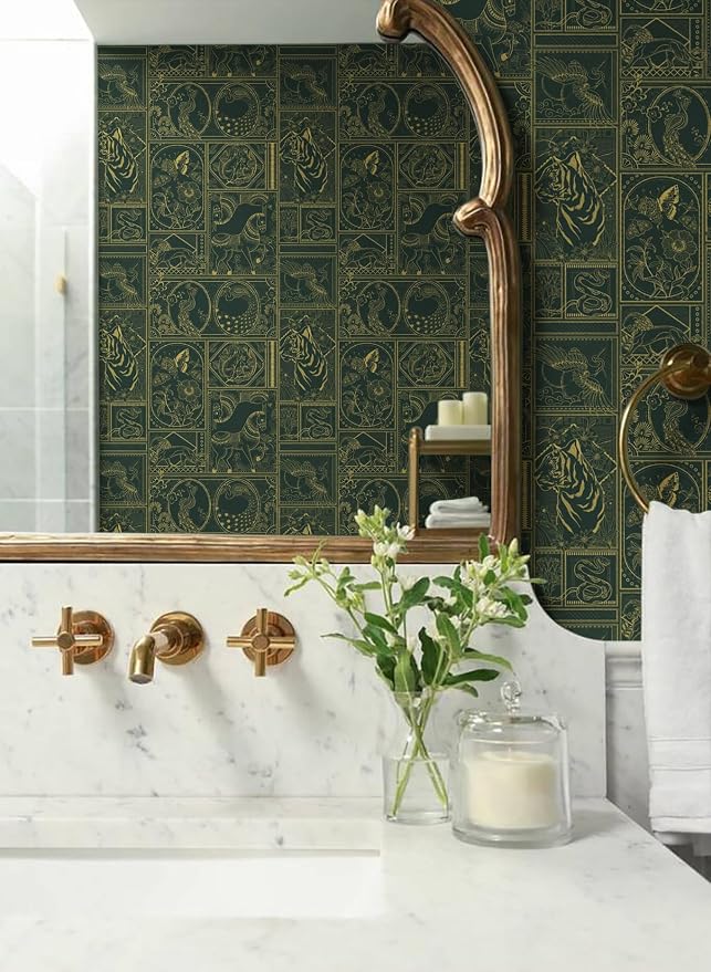 Erfoni 118"x17.7" Green and Gold Wallpaper Vintage Peel and Stick Wallpaper Special Animals Pattern Contact Paper Stick and Peel Self Adhesive Removable Wall Paper for Countertop Cabinets Covering