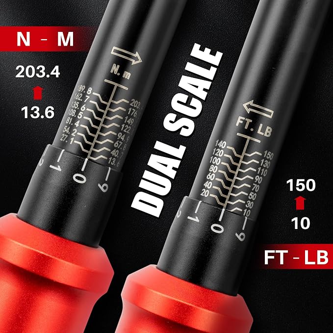 1/2-Inch Drive Click Torque Wrench-10-150 Ft-Lb for Car Motorcycle | Adjustable Inch Pound Torque Wrench (13.6-203.4Nm),72T Dual-Direction Dual Range, 3% Precision for Bike Lug Nut Machinery DIY