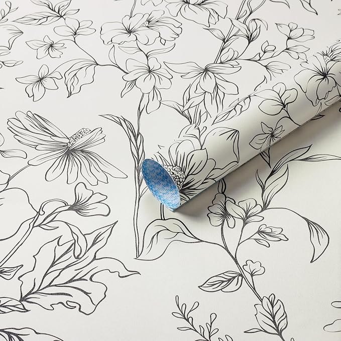 Hopepak 17.3''x394'' Black and Cream White Floral Wallpaper Peel and Stick Wall Paper for Bedroom Self Adhesive Removable Contact Paper Waterproof for Bathroom
