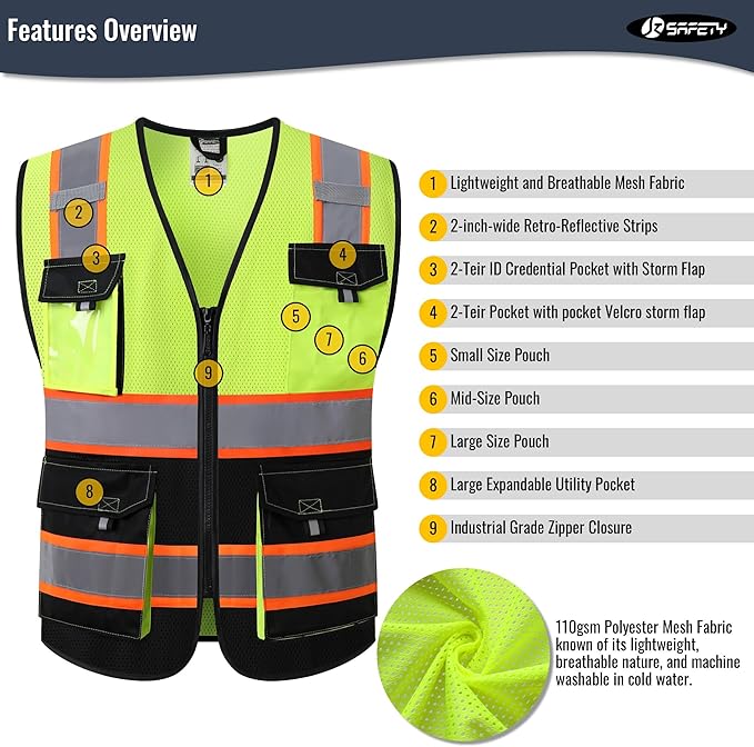 JKSafety Hi Vis Reflective Safety Vests for Men Women High Visibility Vest with Pockets Mesh Fabric Construction Safety Apparel Neon Vest for Work (220-YBlack L)