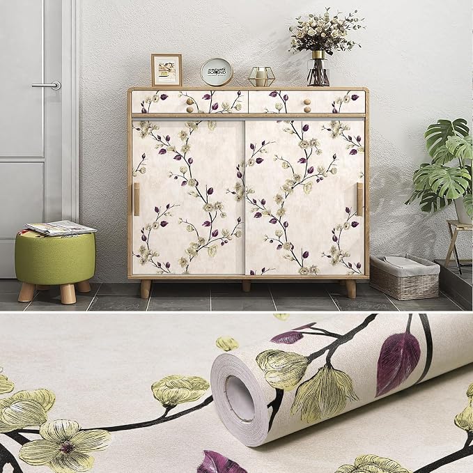 Floral Peel and Stick Wallpaper Flower Tree Contact Paper A Set of 17.5"x300" Self Adhesive Removable Modern Beige Wall Paper Decorative Wall Covering Countertop Vinyl Film Roll