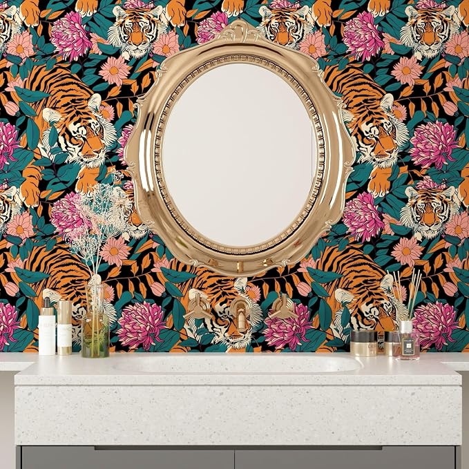 BOKEBEVE Tiger Floral Wallpaper Peel and Stick Vintage Orange 17.5 x 787In | Super Long Removable Renter Friendly Jungle Tiger Wall Paper for Bedroom Bathroom Living Room Feature Accent Wall