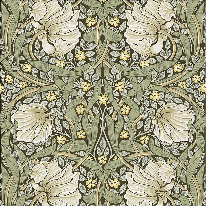 HAOKHOME Vintage Floral Wallpaper Peel and Stick Botanical Sage Green/Yellow Wall Murals Home Kitchen Bedroom Decor by William Morris 17.3in x 9.8ft