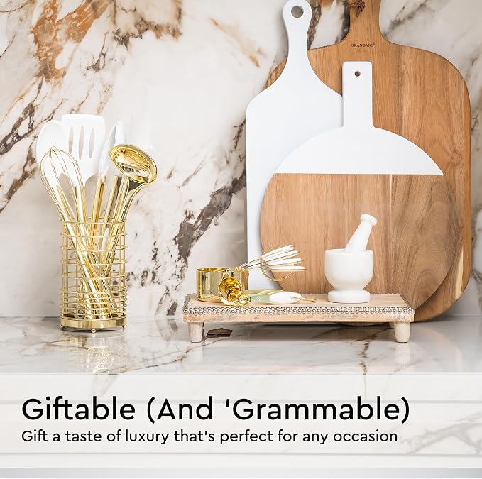 Styled Settings White and Gold Kitchen Utensils Set, 23-Piece | Stainless Steel, Gold Kitchen Accessories Include Measuring Cups, Silicone Utensils, Utensil Holder -Gold Kitchen Accessories