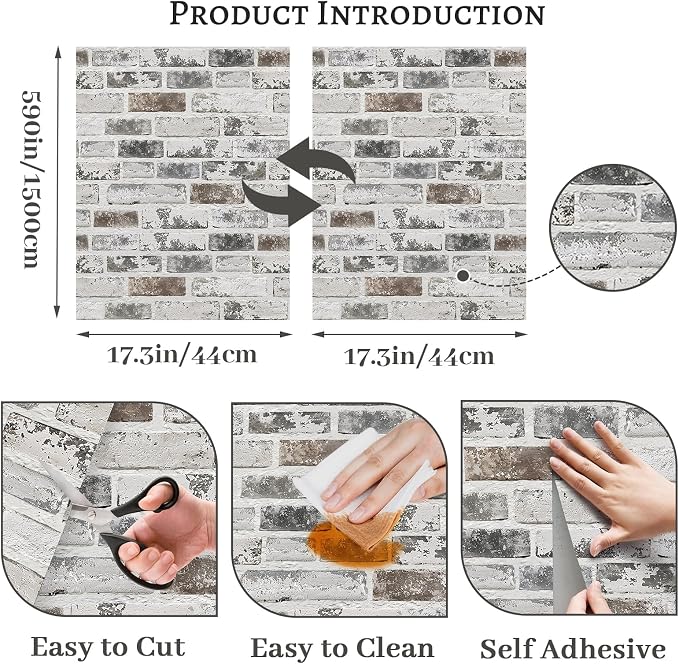 Brick Wallpaper Peel and Stick Wallpaper 17.3"x590" Grey and White 3D Brick Wallpaper Self Adhesive Vintage Wallpaper Removable Textured Contact Paper for Fireplace Kitchen Home Decoration Vinyl