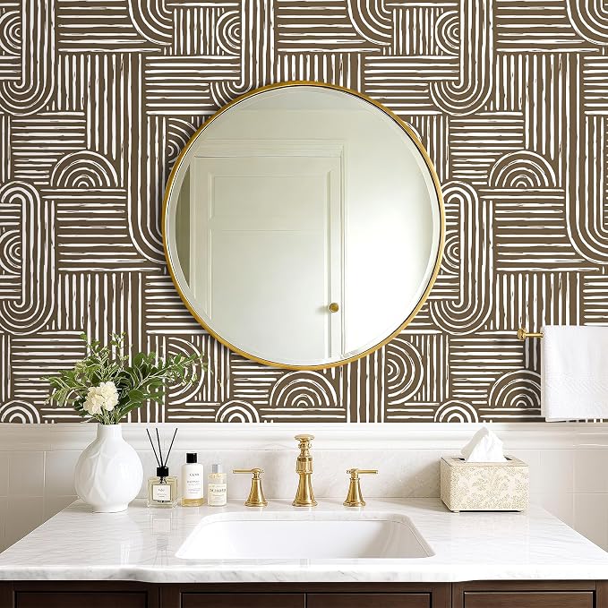 Livelynine Brown Geometric Wallpaper Peel and Stick Bold Abstract Wallpaper Living Room Accent Wall Paper Removable Minimalist Mid Century Modern Contact Paper for Cabinets Self Adhesive 17.5x78.8