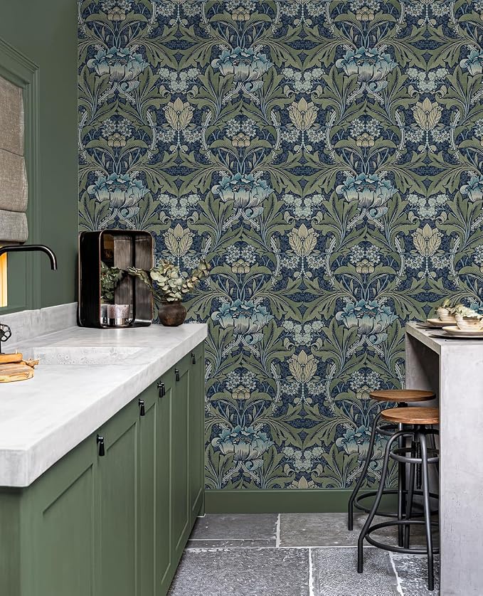 NextWall Acanthus Floral Peel and Stick Wallpaper (Denim & Sage)