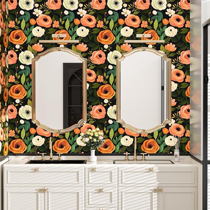 Danodoi Orange Green Vintage Floral Peel and Stick Wallpaper 17.5" x 118" | Waterproof Vinyl Self Adhesive Removable Renter Friendly Floral Contact Paper
