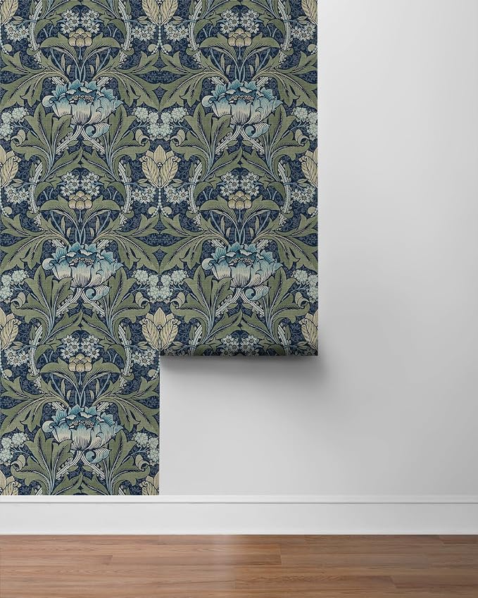 NextWall Acanthus Floral Peel and Stick Wallpaper (Denim & Sage)