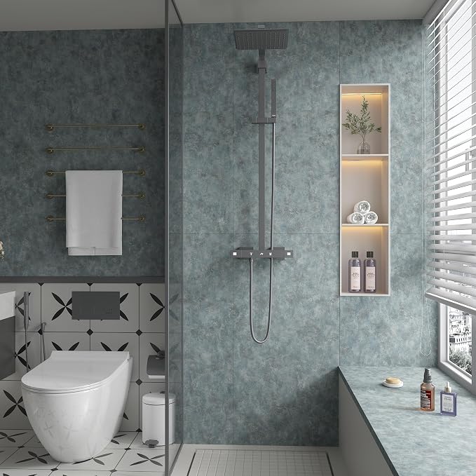 BAYYA Mid Century Modern Wallpaper Blue Concrete Peel and Stick Wallpaper Grey/Gray Industrial Wall Paper 16"x118" Rust Vintage Metallic Concrete Contact Paper for Bedroom Bathroom Living Room Wall