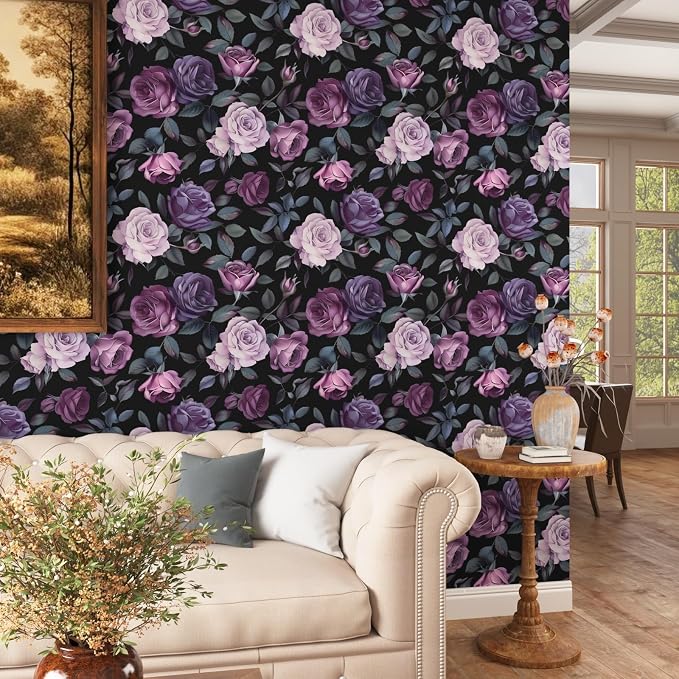 Vintage Dark Purple Rose Floral Peel and Stick Wallpaper 17.5"x118" | Self Adhesive/Removable/Waterproof/Thick Vinyl Contact Paper for Bathroom Bedroom Shelf Cabinet Drawer,Prepasted,Easy Peel