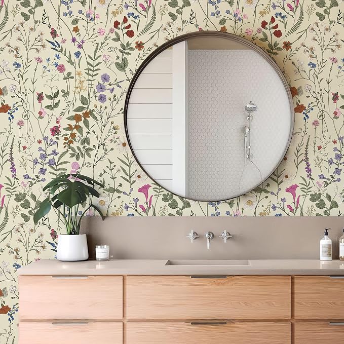 Wallpaper Self-Adhesive Blooming Vintage Colourful Flowers Wall Paper for Bedroom Living Room Cabinet, Peel and Stick Beige Sketch Little Flowers Wallpaper Mural 47.36 sq. feet (393.7"x17.3")