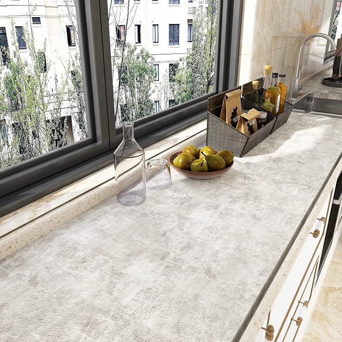 VEELIKE Neutral Concrete Wallpaper Peel and Stick Boho Aesthetic Wallpaper for Bedroom Bathroom 354''x32'' Wide Concrete Contact Paper for Countertops Waterproof Cement Vinyl for Accent Walls Kitchen