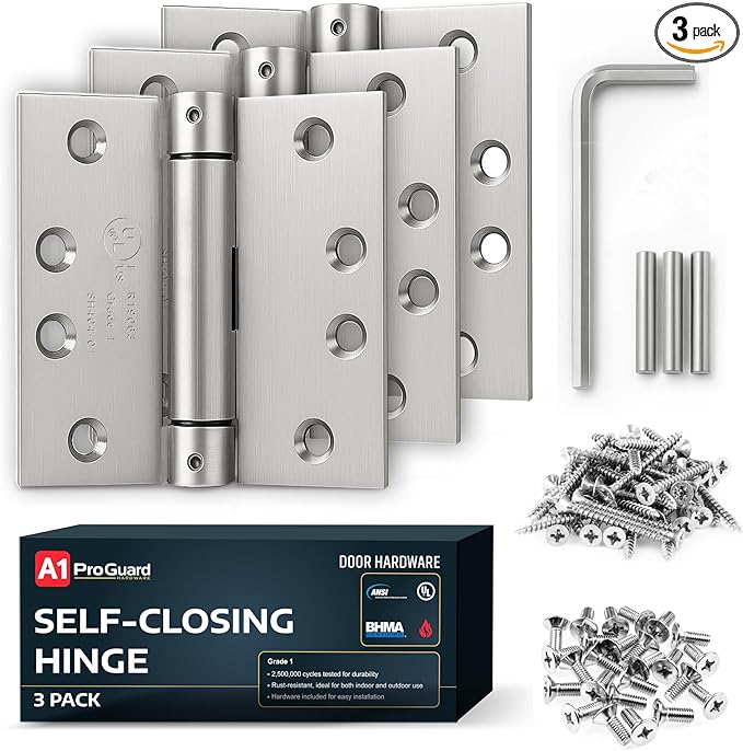 A1 ProGuard Satin Door Hinges 4.5 Inch Self Closing Hinge Hardware Adjustable Spring Hinges for Commercial Grade Self-Closing, UL Listed 3 Pack