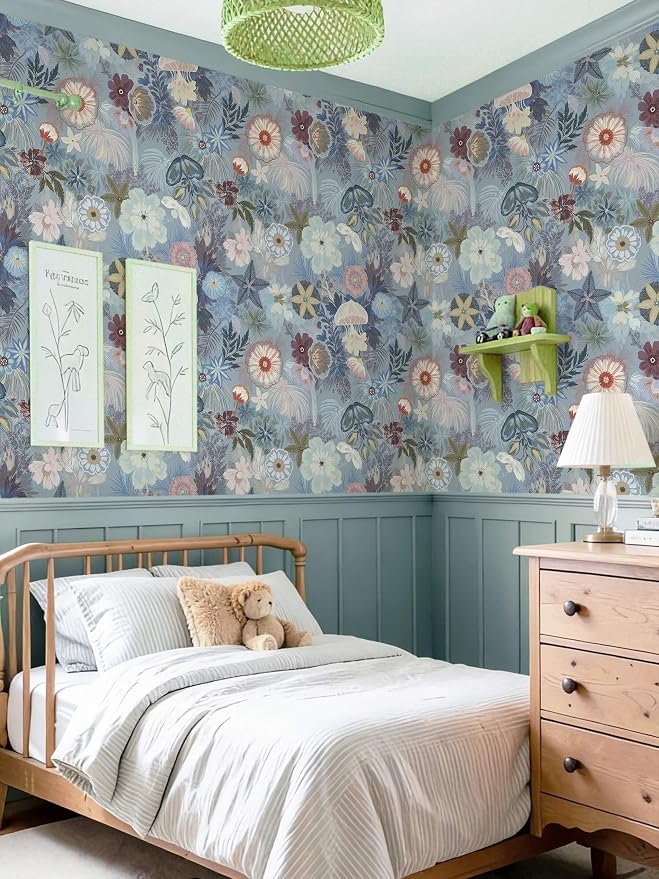 Ismoon Blue Wallpaper Peel and Stick Vintage Floral Contact Paper Jellyfish Ocean Stick on Wall Paper Removable Self Adhesive Vinyl Wallpaper for Bedroom Wall Decor Cabinet 17.3x78.7in