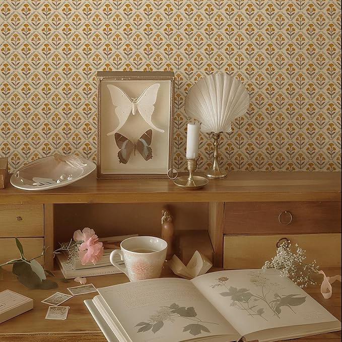 Dimoon 787.4"x17.3" Peel and Stick Wallpaper Floral Cute Contact Paper Vintage Village Country Cottage Wallpaper Farmhouse Yellow Beige Renter Friendly Geometry Waterproof Embossed Kitchen Bedroom