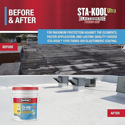 Gardner-Gibson Sta-Kool 15-Year Turbo-Dri Elastomeric Roof Coating, White, 5 Gal., Flexible White Acrylic Roof Coating, Reflective Finish Keeps Cool, Great for RV