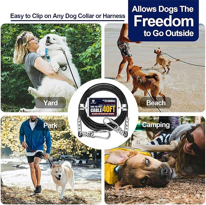 Tie Out Cable for Dogs Up to 300lbs,40ft Extra Strong 1000lbs Break Strength Tie-Out Tether Trolley Training Lead,Dog Run Cable for Yard Garden Park Camping Outside (Reflective Black, 300lbs 40ft)