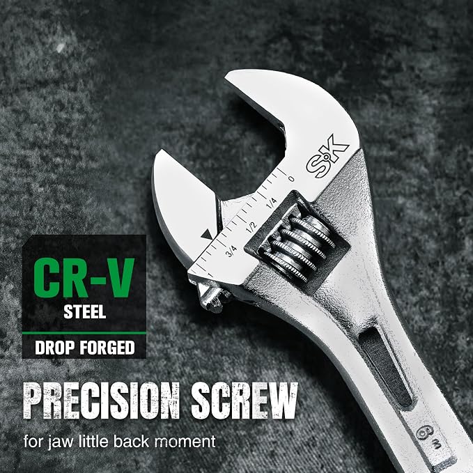 SK 6-Inch Adjustable Wrench, 15/16" Jaw Capacity, SAE&Metric Scales | X-Frame Handle, Precision Jaw, Heat Treated CR-V Steel, Chrome-Plated Rust Resistant Finish