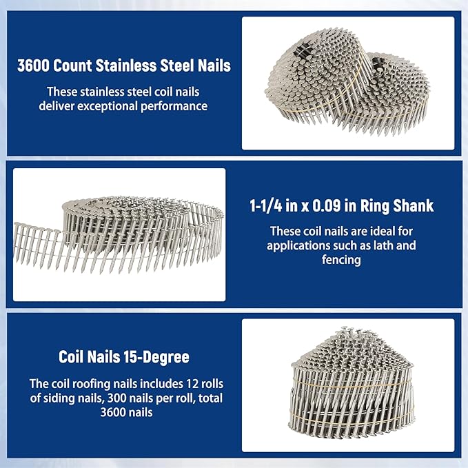 3600 Count Stainless Steel Siding Nails 15-Degree Collated Wire Coil 1-1/4 Inch, 0.09 Inch Ring Shank Siding Nails
