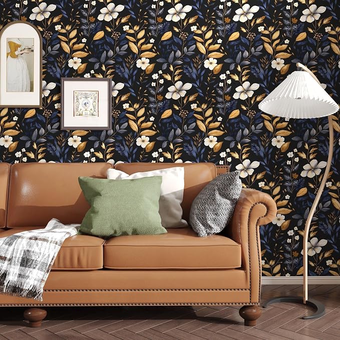 Vintage Dark Blue Gold Floral Peel and Stick Wallpaper 17.5"x787" | Self Adhesive/Removable/Waterproof/Thick Vinyl Extra Long Contact Paper for Bathroom Bedroom Shelf Cabinet Drawer,Prepasted