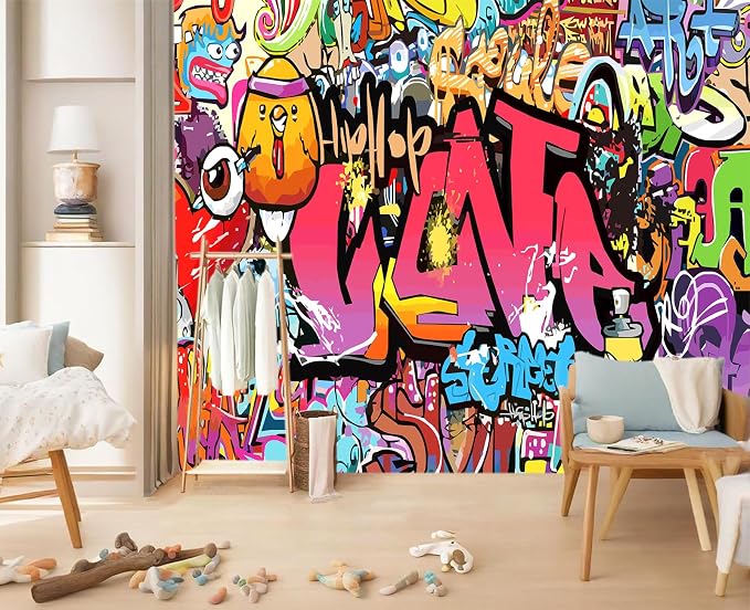 YIHWM-Peel and Stick Colorful Graffiti Wallpaper Pink Street Art wall Mural | Tear-resistant,with a substantial feel;Will not be damaged during repositioning.Boy's Room,kids room wallpaper.XXL-183"x120"