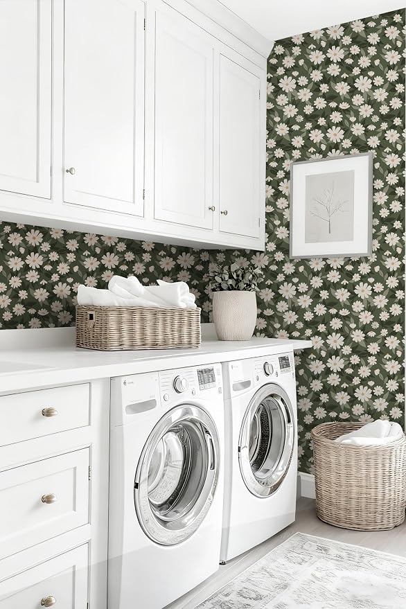 Floral Wallpaper Peel and Stick, Green Daisy Flower Removable Self Adhesive Wallpaper for Bedroom Bathroom Cabinet, 17.3‘’×78.7‘’