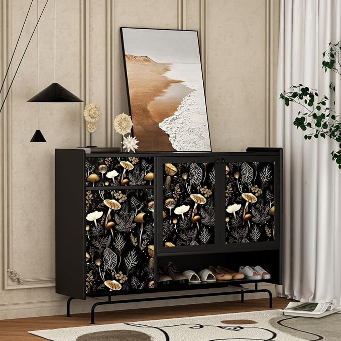 Dark Mushroom Wallpaper Peel and Stick 17.5" x 787",Black Gold | Self Adhesive/Removable/Waterproof/Thick Vinyl Extra Long Contact Paper for Bathroom Bedroom Shelf Cabinet Drawer,Prepasted