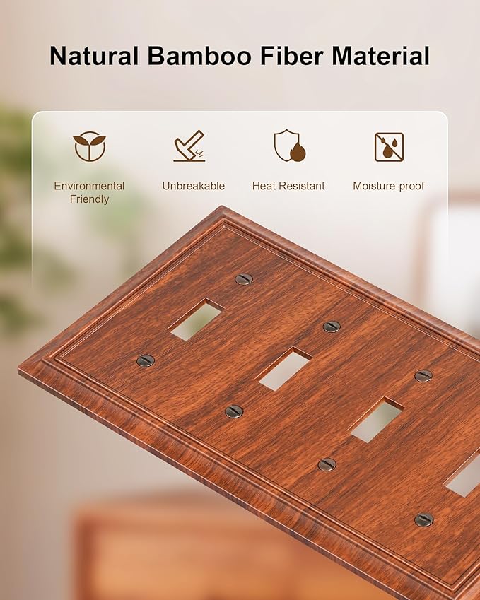 2-Pack Quad Toggle Light Switch Cover Plate, Wood Grain Decorative Switch Plate Covers, Natural Bamboo Fiber 4 Gang Wall Plate for Toggle Light Switch and Rotary Dimmer Switch