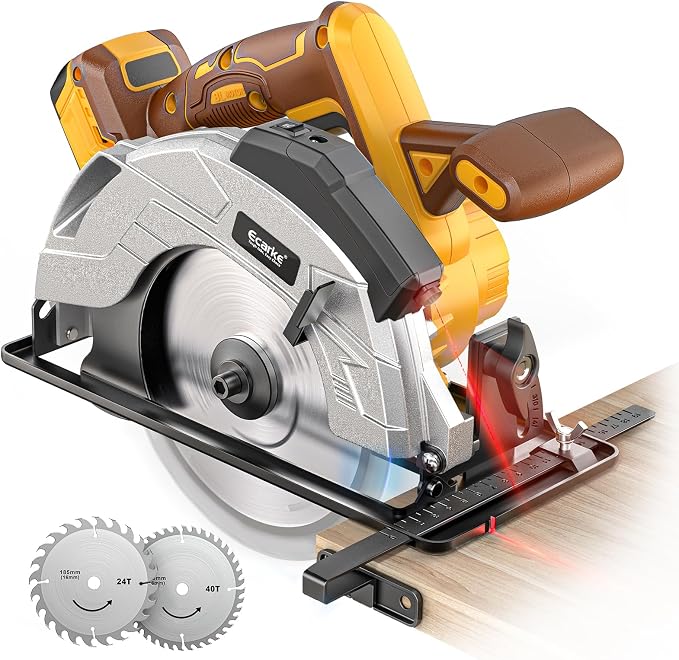 Ecarke 7-1/4" Cordless Circular Saw, Compatible with DeWalt 20V Battery, 5000 RPM Electric Circular Saw with Laser Guide, 2 Blades (24T & 40T), 0–45° Bevel, 2-1/4" Cutting Depth (Tool Only)