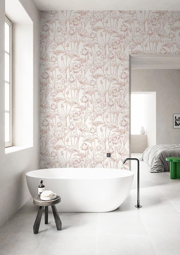 Timeet Floral Peel and Stick Wallpaper White and Pink Vintage Contact Paper 16" x 197" Lotus Self Adhesive Removable Wallpaper for Bedroom Bathroom Waterproof Decoration