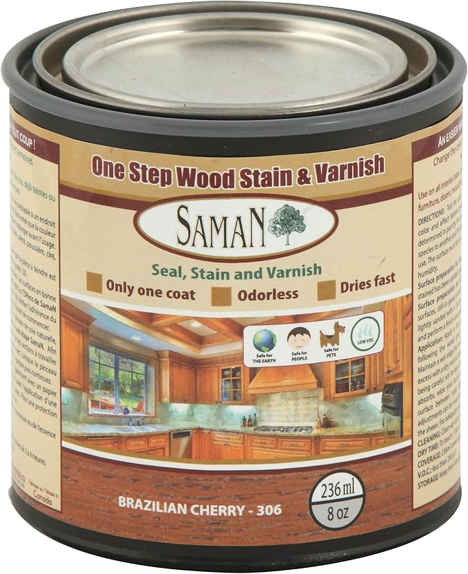 SamaN Interior One Step Wood Seal, Stain and Varnish – Oil Based Odorless Dye - Protection for Furniture and Fine Wood (Brazilian Cherry SAM-306, 8 oz)